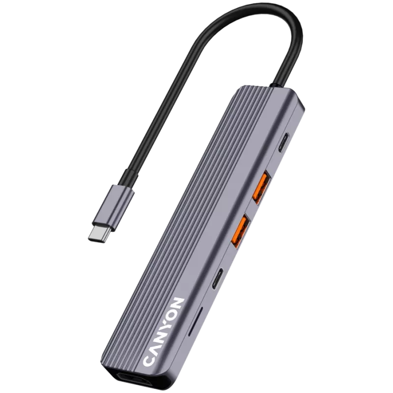 USB-Typ-C-Hub CANYON DS-17 — HDMI, USB 3.2 Gen 1 A, USB-C, MicroSD, 10000 Mbit/s, grau