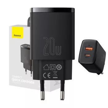 Indoor USB-Schnellladegerät Baseus CCXJ-B01 – 2 Ports (USB-C PD 20W + USB-A QC3.0 18W), 100–240 V, Schwarz