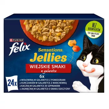 Nassfutter für Katzen Felix Sensations Country Flavors in Jelly Multipack 24×85 g — Nassfutter, 24 Portionsbeutel, je 85 g, Feuchtigkeit 82%