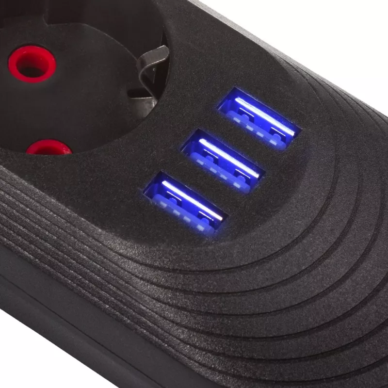 Steckdosenleiste MACLEAN MCE395 B — 5 Steckdosen, 3×USB, 110–240V AC, 2,1A USB, 2500W, 1,5 m Kabel, schwarz