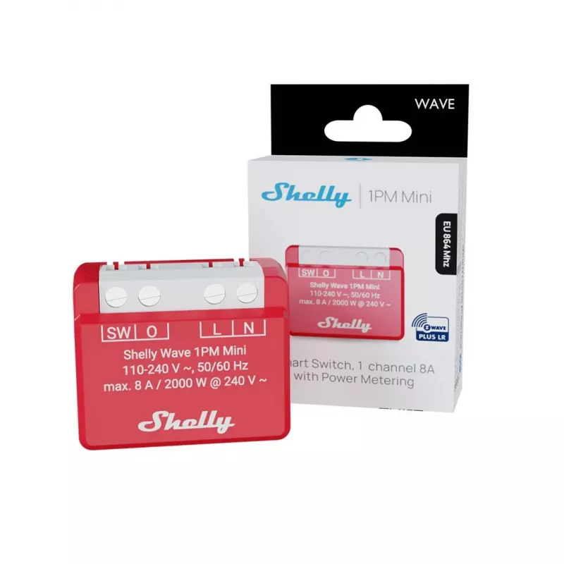 In-Wall Smart-Relais Shelly 1PM — einkanaliger Z-Wave Mini-Schalter, 110–240 V, 8 A, 2000 W, 868,4 MHz
