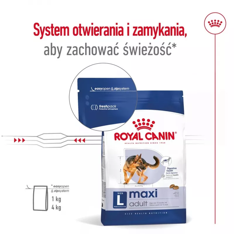 Trockenfutter für Hunde Royal Canin Maxi Adult 15 kg — Huhn, 26% Protein, 17% Fett, Verdauungsunterstützung