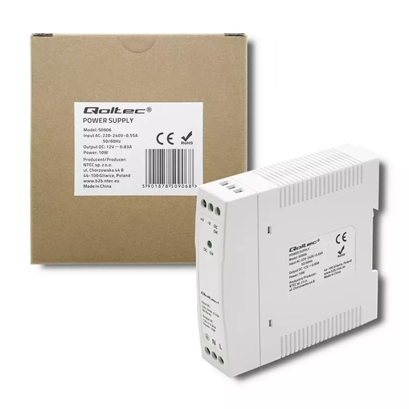DIN rail power supply 10W, 12V, 0.83A, schlank