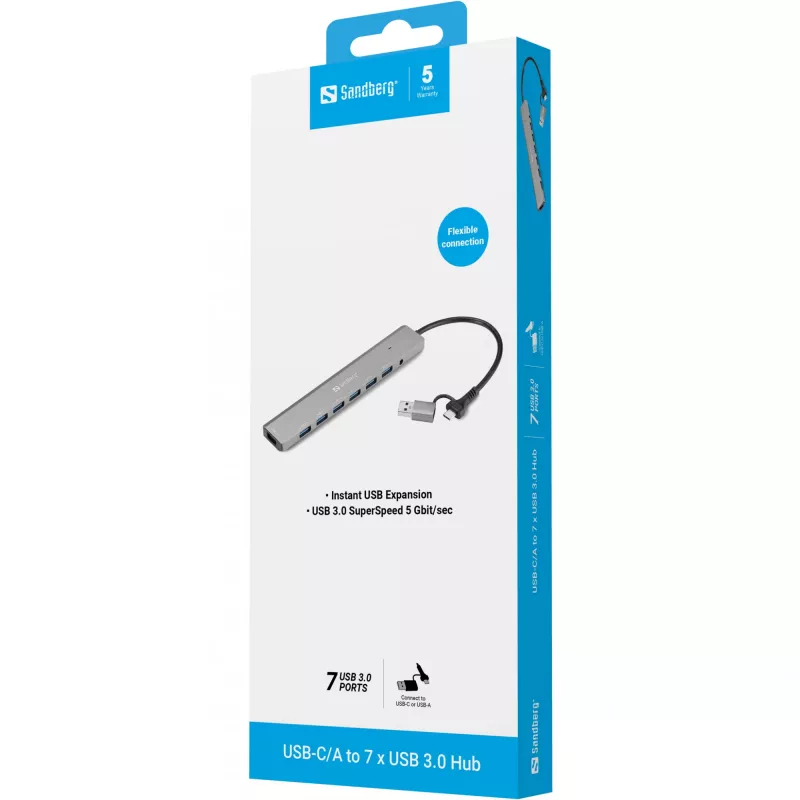 USB-Hub SANDBERG 136-66 — 7x USB 3.0 Anschlüsse, extern mit Strom versorgt