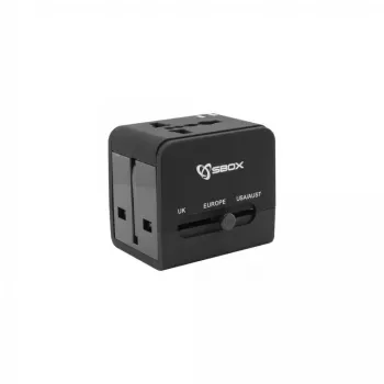 Reiseadapter SBOX TA-23 mit Dual-USB-Ladegerät und universeller Steckerkompatibilität
