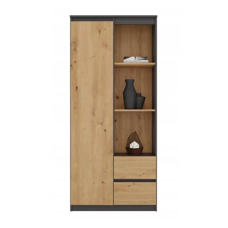 Top e Shop RS-80 BILY Bücherregal, anthrazitfarbener Rahmen, Artisan-Eiche-Tür, 7 Regale, 2 Schubladen, 1800×800×350 mm