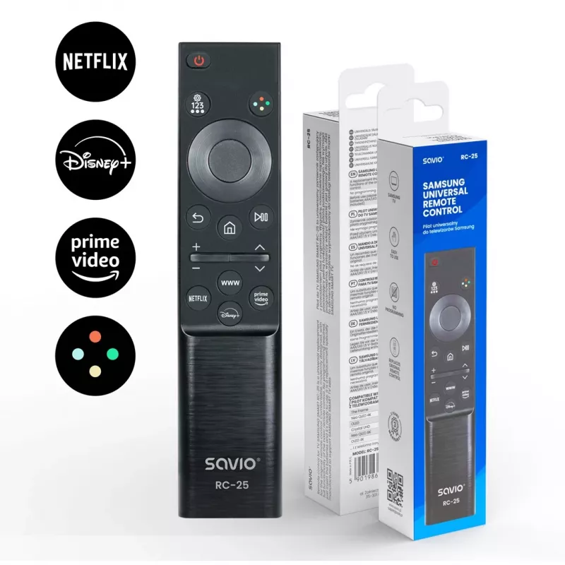 SAVIO RC-25 Infrarot-TV-Fernbedienung, Drucktasteneingabe, Schwarz, Reichweite bis zu 10 m, für 1 Gerät, verwendet 2x AAA