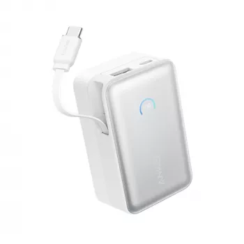 Powerbank Anker A1638 10000 mAh, 45 W Gesamtausgangsleistung, Weiß, integriertes einziehbares USB-C-Kabel