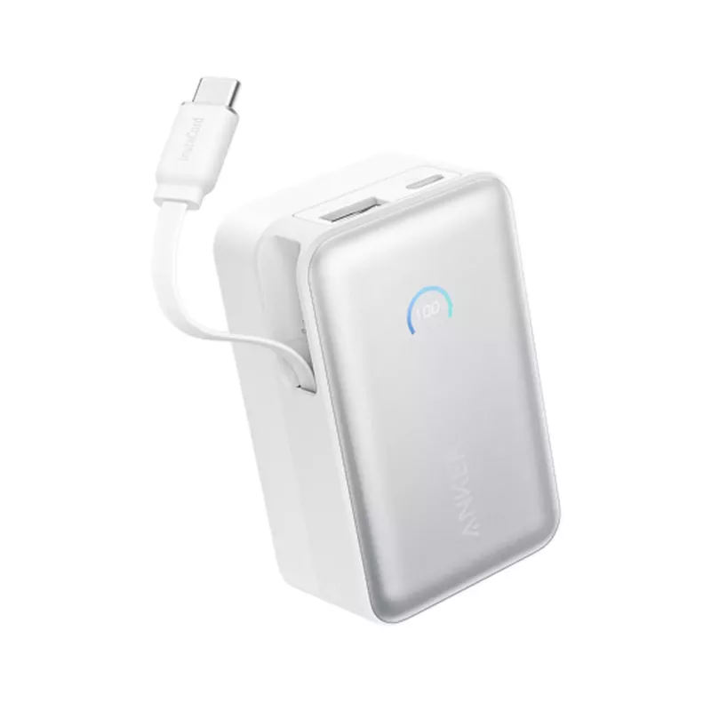 Powerbank Anker A1638 10000 mAh, 45 W Gesamtausgangsleistung, Weiß, integriertes einziehbares USB-C-Kabel
