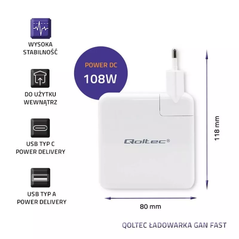 Qoltec GaN Charger FAST 108W | 5-20V | 3-4.7A | USB C | Weiß