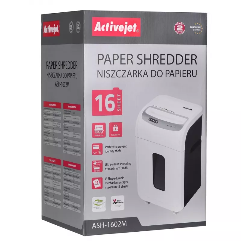 Aktenvernichter Activejet ASH-1602M, P-5, 28 l, 2x14 mm Schnitzel, weiß