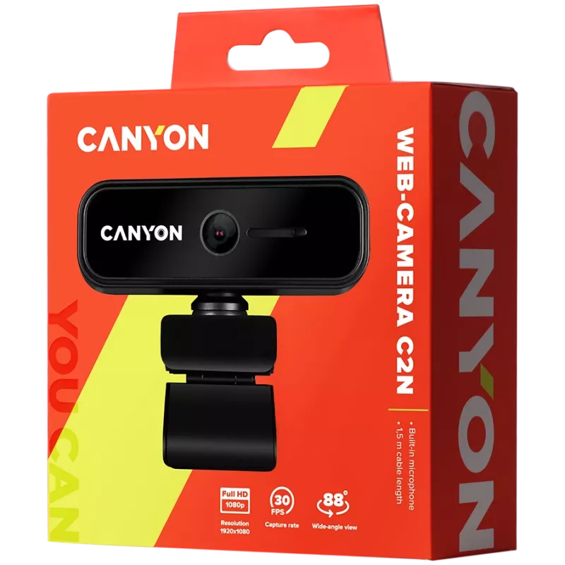 Canyon C2N 1080P Full-HD 2.0-Megapixel Webcam mit Festfokus, USB 2.0