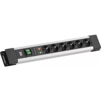 Steckdosenleiste Bachmann CONNECTUS mit 6x CEE7/3-Steckdosen, 1x SPD-Überspannungsschutz, 1x Schalter, 2,0 m Kabel, CEE7/7-Stecker, grau