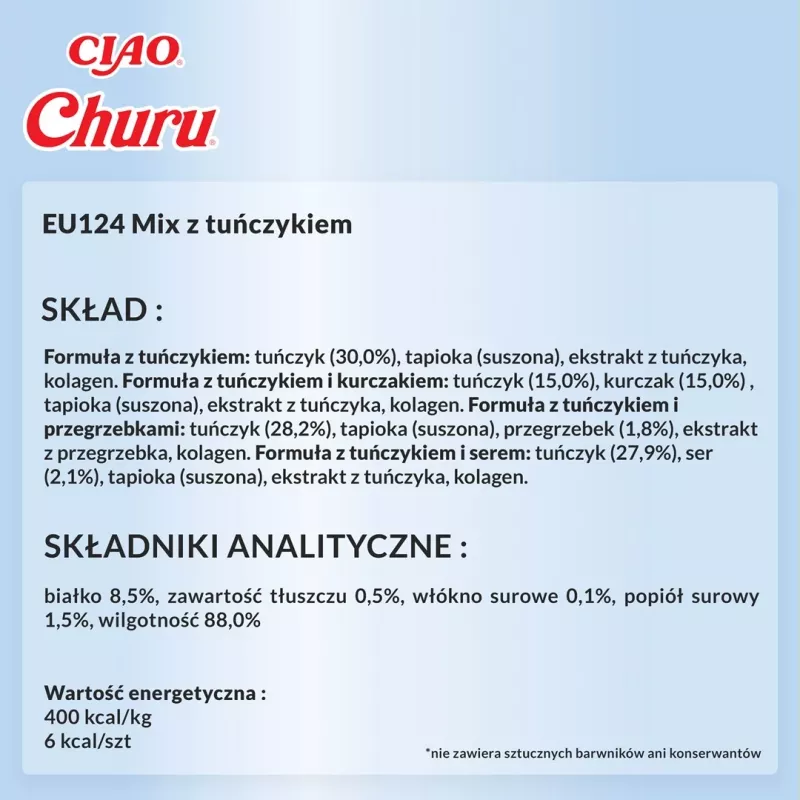 Feuchte Katzenleckerlis INABA Churu Sortimentsbox — Thunfisch, 20 x 14 g Beutel, Paste, Feuchtigkeit 88 %, Protein 8,5 %