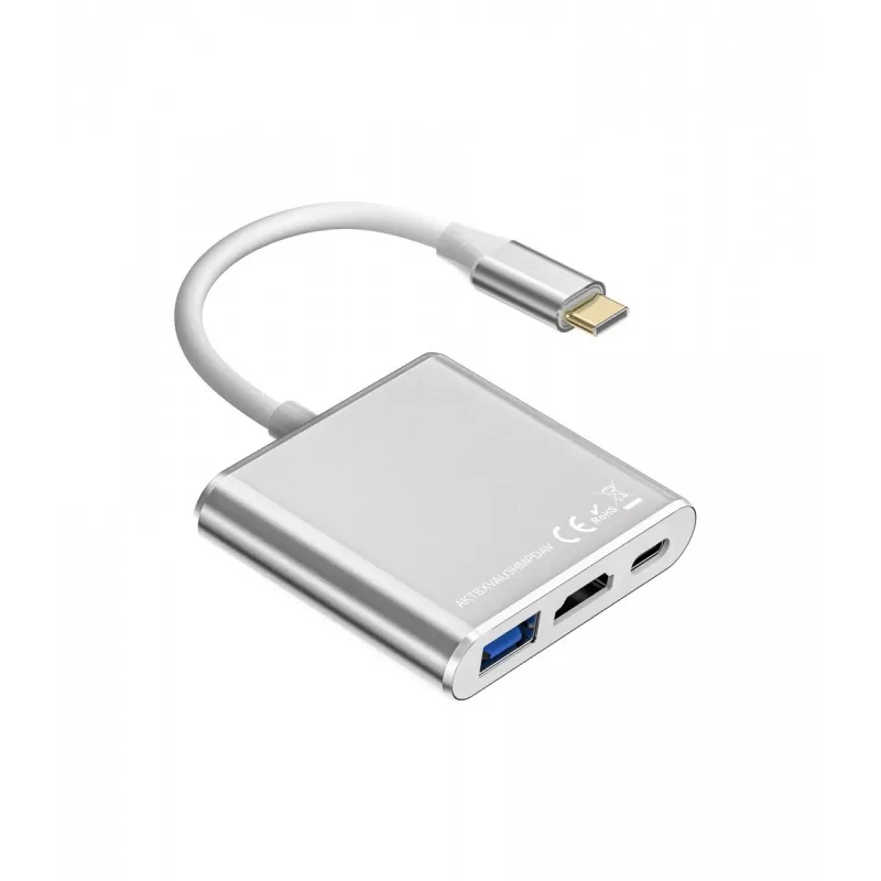 USB-C-Adapter-Hub TB AKTBXVAU3HMPDAV — 3-in-1: HDMI + USB-A + USB-C PD, Silber
