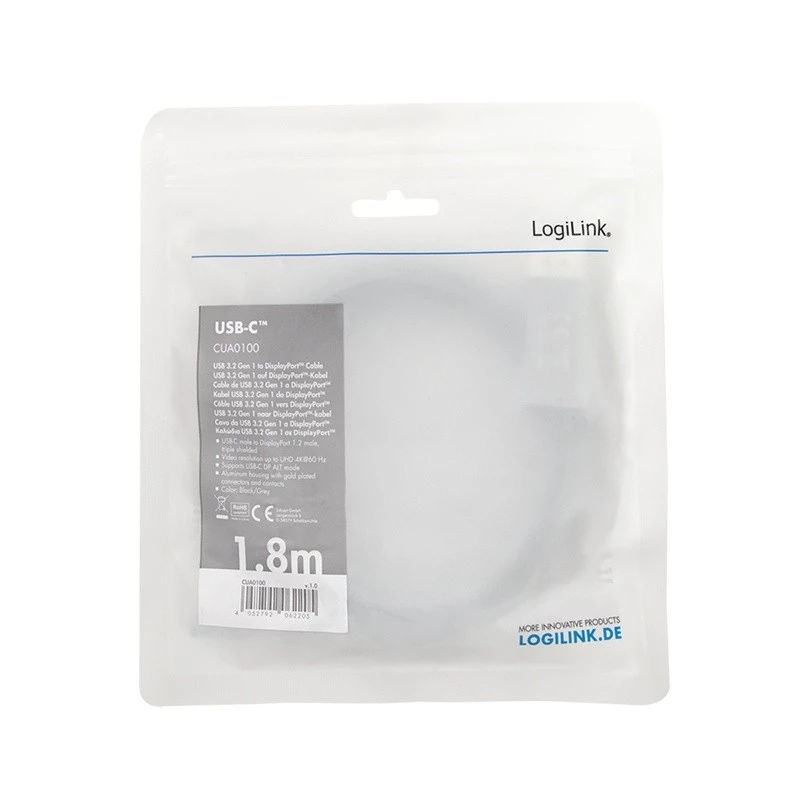 LogiLink CUA0100 Kabeladapter DisplayPort USB 3.2 Gen1 Type-C 1,8m Schwarz Grau