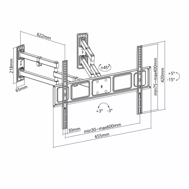 TV-Wandhalterung ART AR-85 für 32–70 Zoll Fernseher, bis 45 kg, neigbar -15–5°, schwenkbar 45°, Auszug 118–622 mm, VESA 75x75–600x400