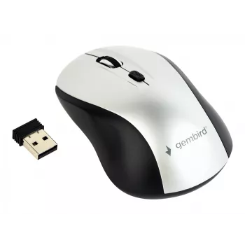 Kabellose optische Maus Gembird MUSW-4B-02-BS, RF, beidhändig, 1600 DPI, 4 Tasten, Silber/Schwarz