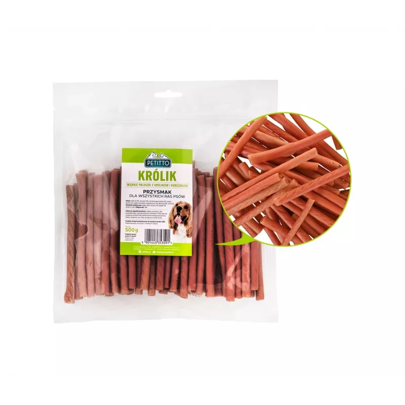 Hundeleckerli PETITTO Soft rabbit fingers — Hasengeschmack-Soft-Kaustreifen für Hunde, 500 g, Trainingsleckerli, ausgewachsen, sojafrei, glutenfrei