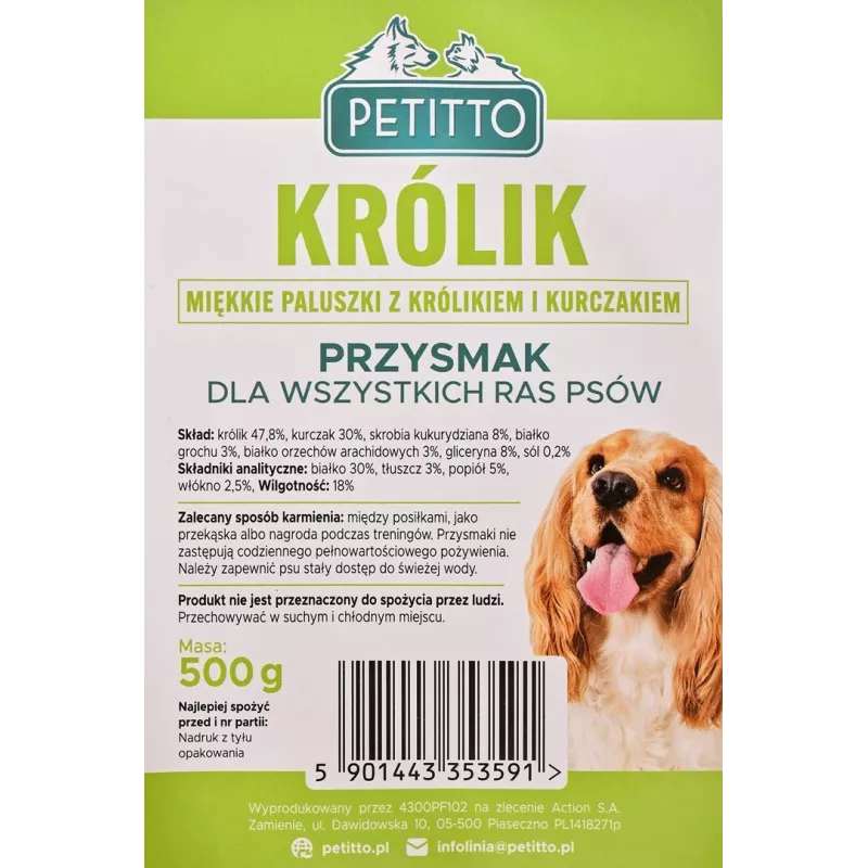 Hundeleckerli PETITTO Soft rabbit fingers — Hasengeschmack-Soft-Kaustreifen für Hunde, 500 g, Trainingsleckerli, ausgewachsen, sojafrei, glutenfrei