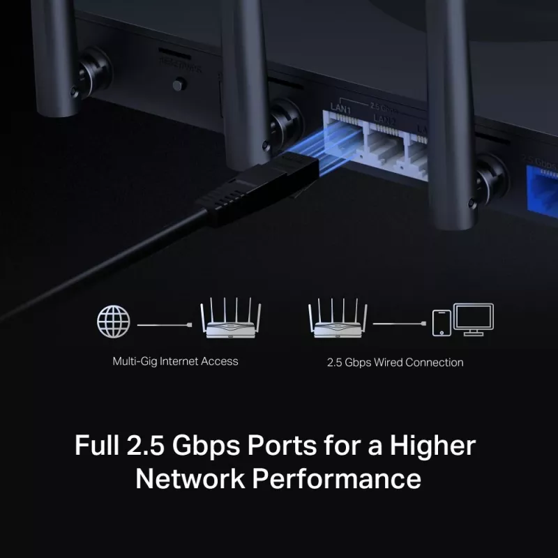 Tischrouter MERCUSYS MR47BE — Tri‑Band Wi‑Fi 7 (2,4/5/6 GHz), 9300 Mbit/s, 3× RJ‑45, 2,5GbE, 6 externe Antennen