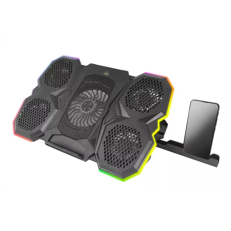 Laptop-Kühlpad ESPERANZA EGC107 – 3 Lüfter 1200–2600 U/min, 390×255×38 mm, USB PD, RGB, 5 Höhenpositionen, schwarz