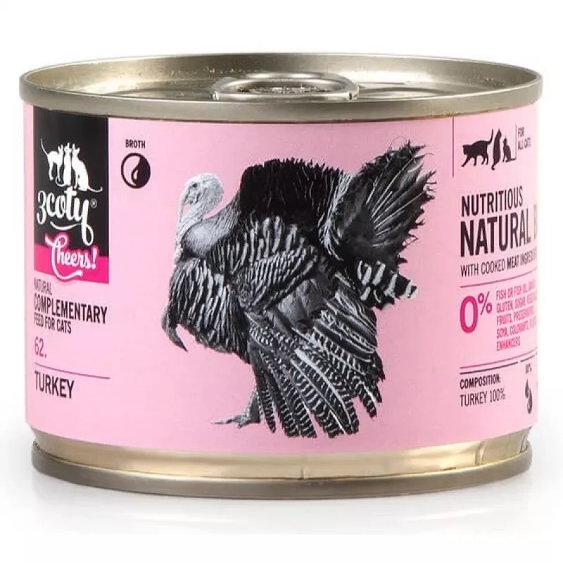 Ergänzungsnassfutter für Katzen 3coty TURKEY Cheers! Dose 160 g — Monoprotein, ausgewachsene Katzen, gluten- und zuckerfrei