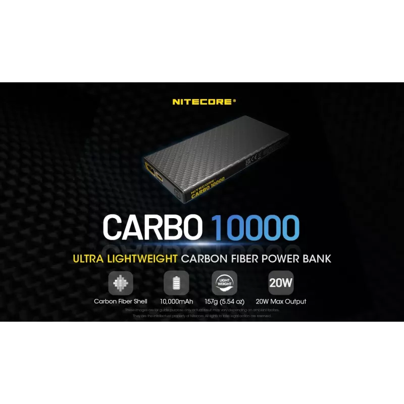 Tragbare Powerbank Nitecore CARBO 10000 — Lithium‑Ionen 10000 mAh, 38 W PD, USB‑A + USB‑C, grau