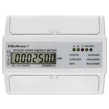 Qoltec Dreiphasen-Bidirektionaler Elektronischer Zähler | DIN-Schienen-Energieverbrauchszähler | 400V | 100A | LCD | 4P