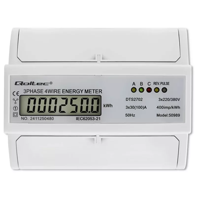 Qoltec Dreiphasen-Bidirektionaler Elektronischer Zähler | DIN-Schienen-Energieverbrauchszähler | 400V | 100A | LCD | 4P