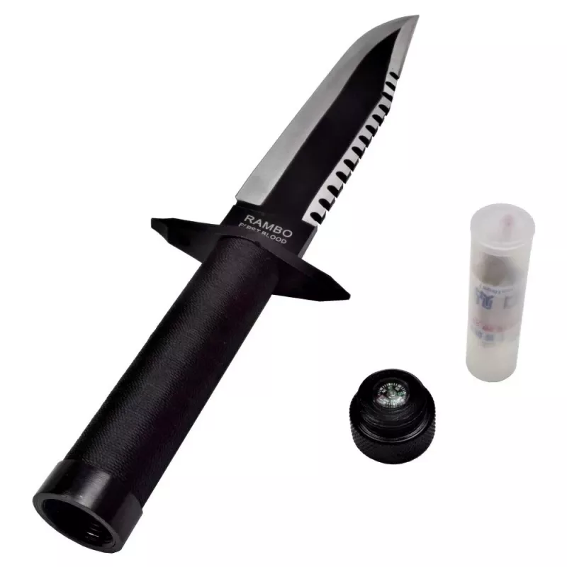 Feststehendes Survival-Messer Filmklassiker Rambo I CC-H1 – 360 mm gesamt, 225 mm gezahnte Stahlklinge, schwarze Lederscheide