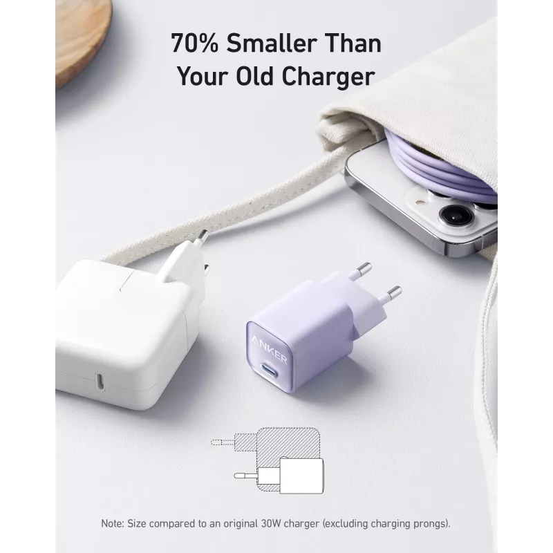 Indoor AC-Ladegerät Anker 511 Nano 3 — 30W, 1× USB-C, 100–240V, Schwarz