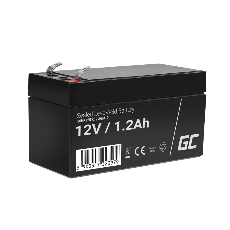 Versiegelte Blei-Säure (VRLA) Batterie Grün Cell AGM17 12 V 1,2 Ah — 52 mm Höhe, 43×97 mm, 0,5 kg