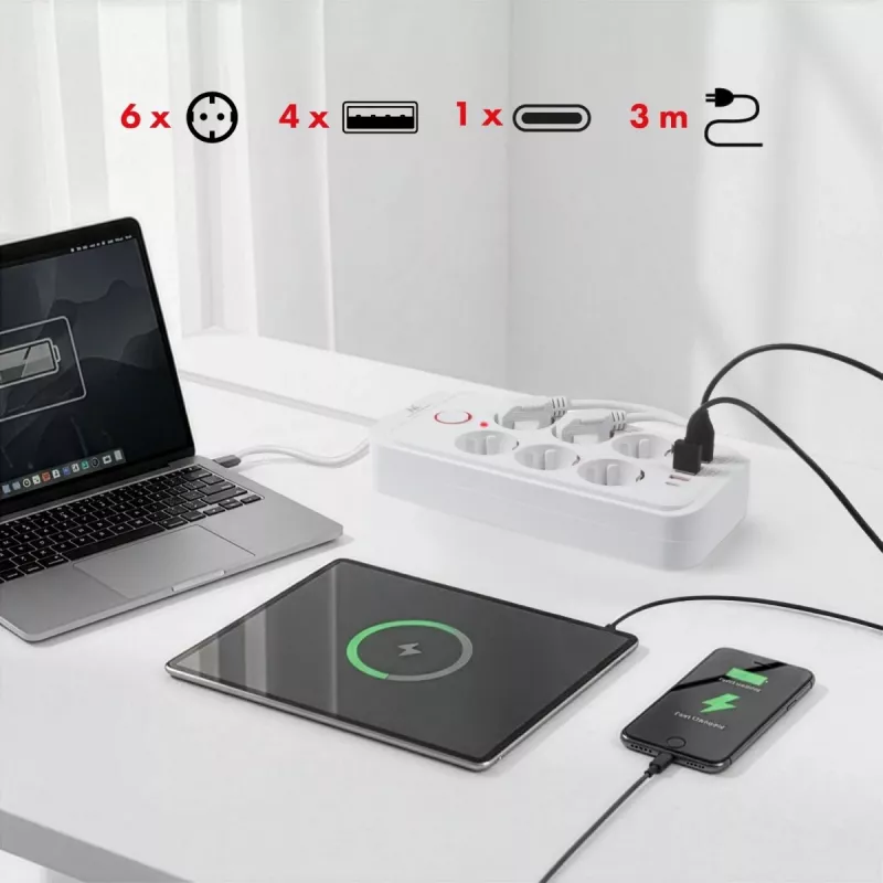 Steckdosenleiste MACLEAN MCE391 W — 6 Steckdosen, 4×USB-A + 1×USB-C, 3 m Kabel, 110–240 V, 2500 W, weiß