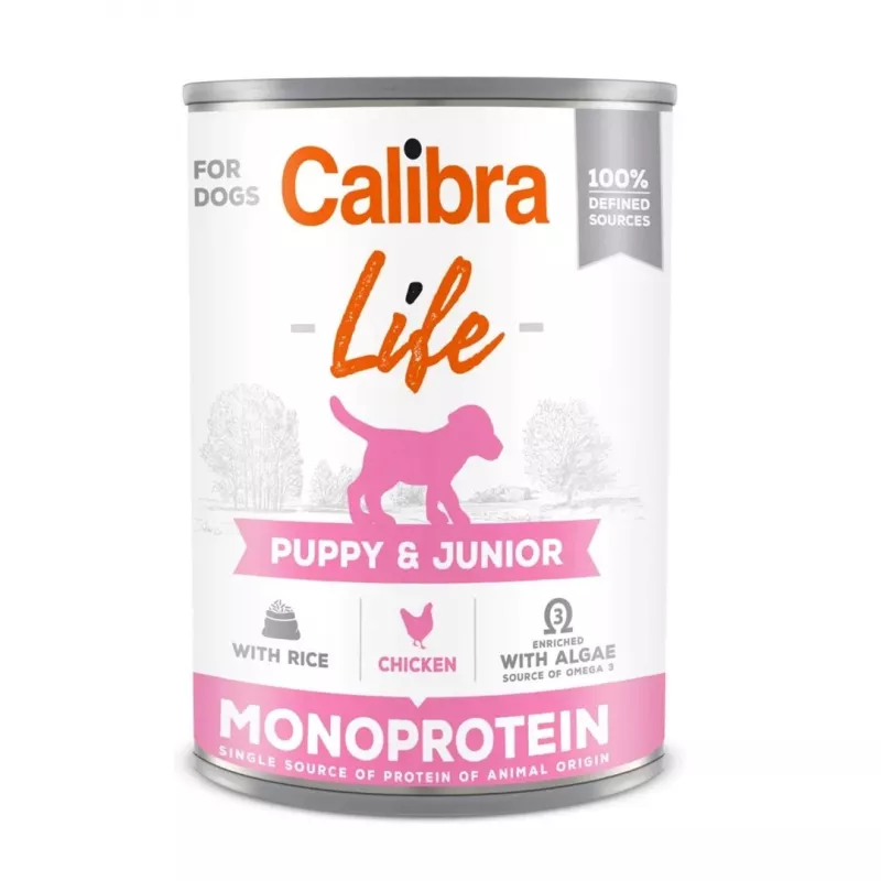 Nassfutter für Hunde Calibra Puppy & Junior Huhn mit Reis 400 g – Alleinfuttermittel für Welpen im Wachstum, 78 % Feuchtigkeit, 9,5 % Protein, 7 % Fett