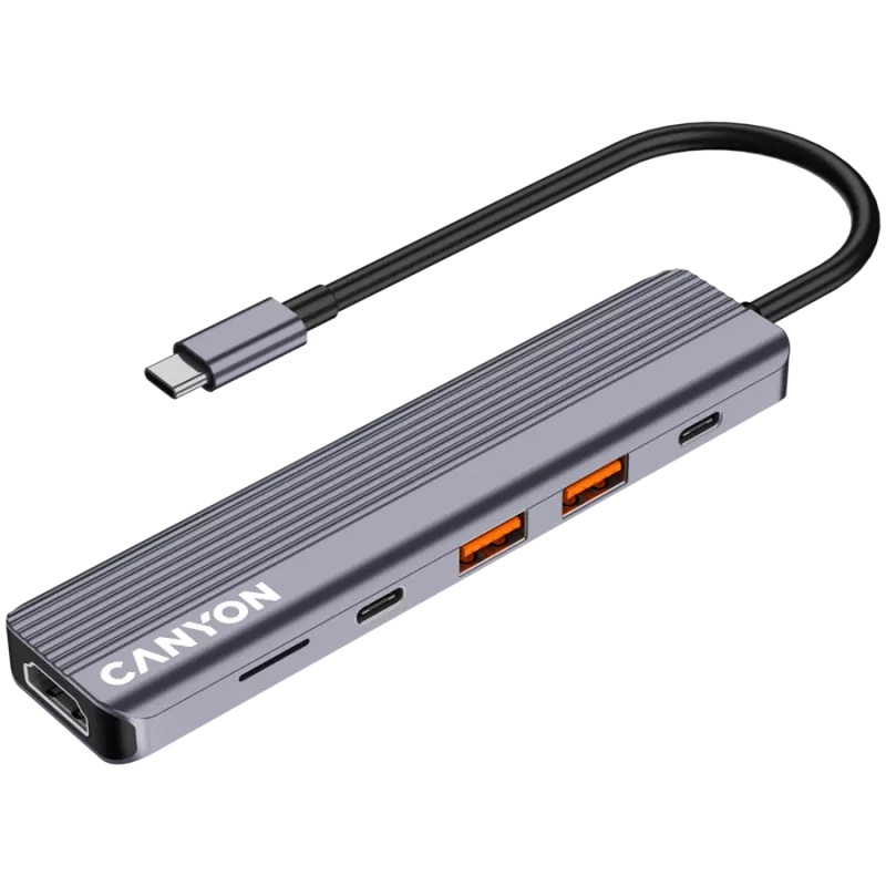 USB-Typ-C-Hub CANYON DS-17 — HDMI, USB 3.2 Gen 1 A, USB-C, MicroSD, 10000 Mbit/s, grau