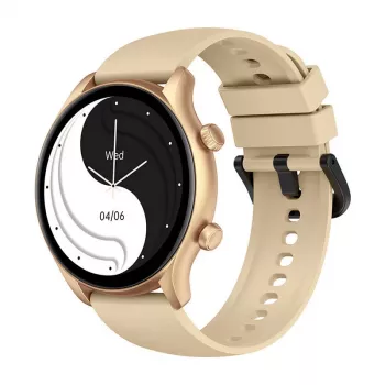 Smartwatch Zeblaze Btalk 3 Plus, rund 1,39 Zoll IPS 360×360 Touchscreen, 260 mAh, goldfarbenes Silikonarmband
