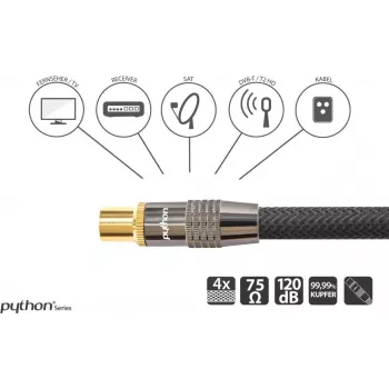 SAT-Antennenkabel, IEC/Koax-Stecker auf Buchse vergoldet, Schirmungsmaß 120 dB, 75 Ohm, Nylongeflecht schwarz, 1 m, PYTHON® Serie (GC-M2011)