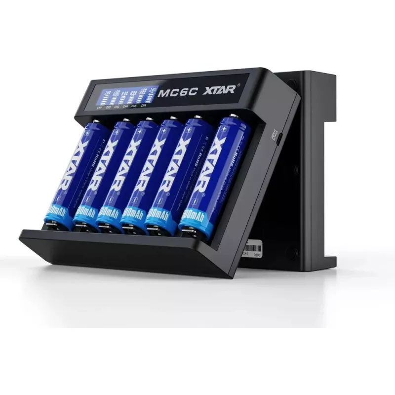 XTAR MC6C Ladegerät Multi-Slot intelligentes Ladegerät für zylindrische Li-Ion-Zellen, 6 Schächte, unterstützt 18650/21700/AA, 5V Eingang, schwarz