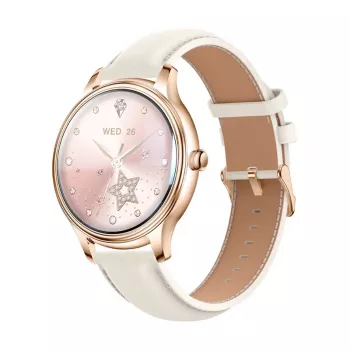 Smartwatch Colmi L28 mit goldenem Gehäuse und goldenem Lederarmband