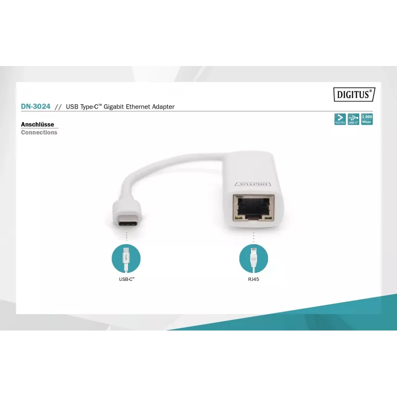Digitus DN-3024 USB 3.0 Adapter 20 cm 1x USB-C auf 1x RJ45 Geschirmt
