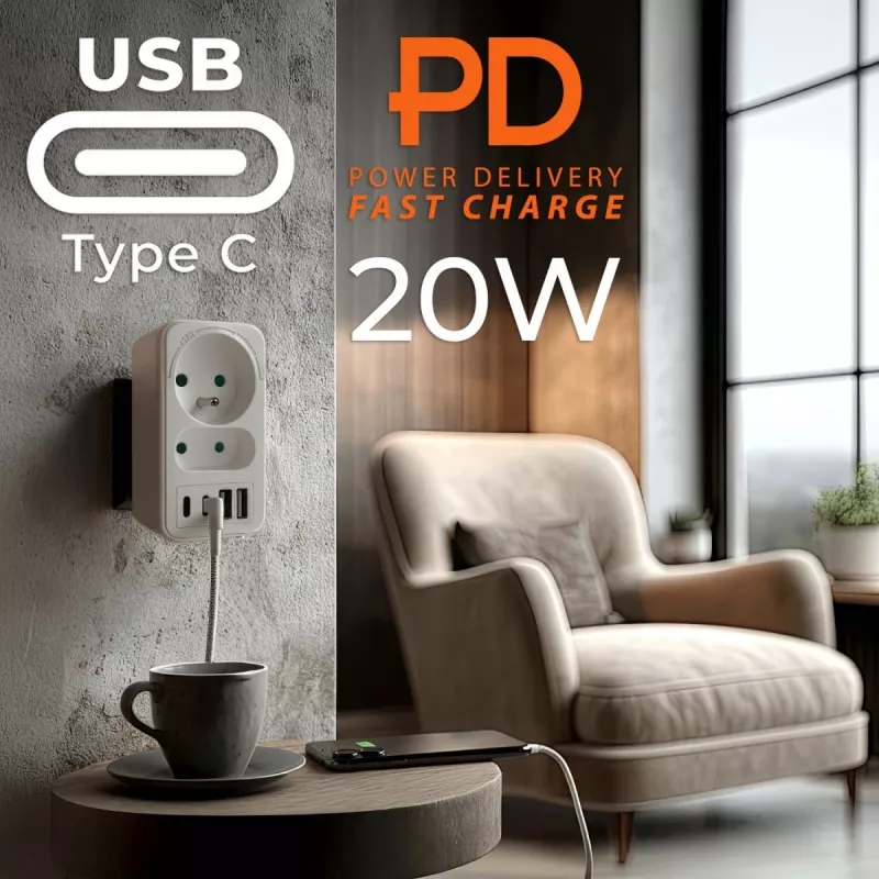 Power-Splitter MACLEAN MCE249 F/W – 2x Netzsteckdosen (16A + 6A) und 4x USB (2x A, 2x C PD 20W)