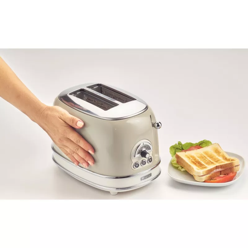 Ariete 155 Design 2-Scheiben-Toaster mit Sandwich-Körben, 6 Bräunungsstufen, 810 W, Edelstahlgehäuse, herausnehmbare Krümelschublade, Pastellbeige