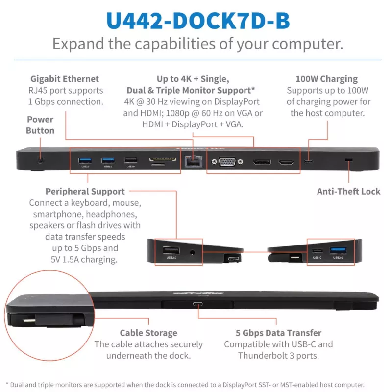 USB-C Dock, Triple Display – 4K HDMI & DP, VGA, USB 3.2 Gen 1, USB-A/C-Hub, GbE, 100 W PD-Ladung