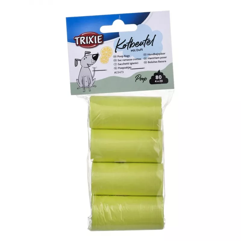 Kotbeutel Trixie Lemon Scented M — 20 Stück pro Rolle, 4 Rollen (80 Beutel), gelber Kunststoff