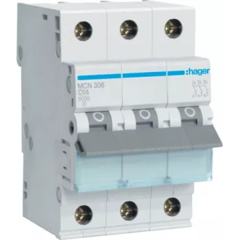 Hager MCN306. Nennstrom: 6 A. Typ: C-Charakteristik, Modulanzahl (max): 3 Module. Breite: 52,5 mm, Tiefe: 70 mm, Höhe: 83 mm (MCN306)