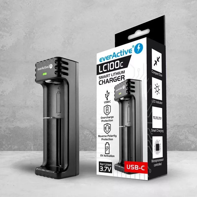 Ladegerät everActive LC100C USB‑C für Li‑Ionen‑Zellen, USB‑C‑Eingang, Modell LC100C
