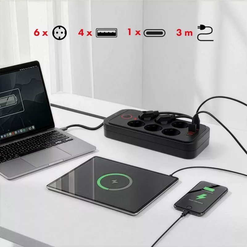 Steckdosenleiste MACLEAN MCE391 B – 6 Steckdosen, 4×USB-A + 1×USB-C, 110–240V, 2500W, 3 m Kabel, schwarz