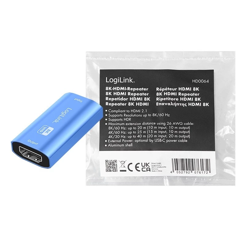 HDMI-Repeater, 20m, 8K 60Hz, HDCP 2.3, Alu, Blau