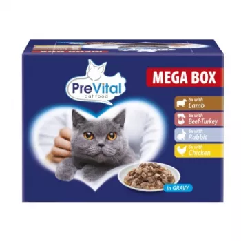 PREVITAL Katzenfutter Megabox mit Lamm, Rind, Kaninchen und Huhn in Soße - Nassfutter für Katzen - 24 x 100 g